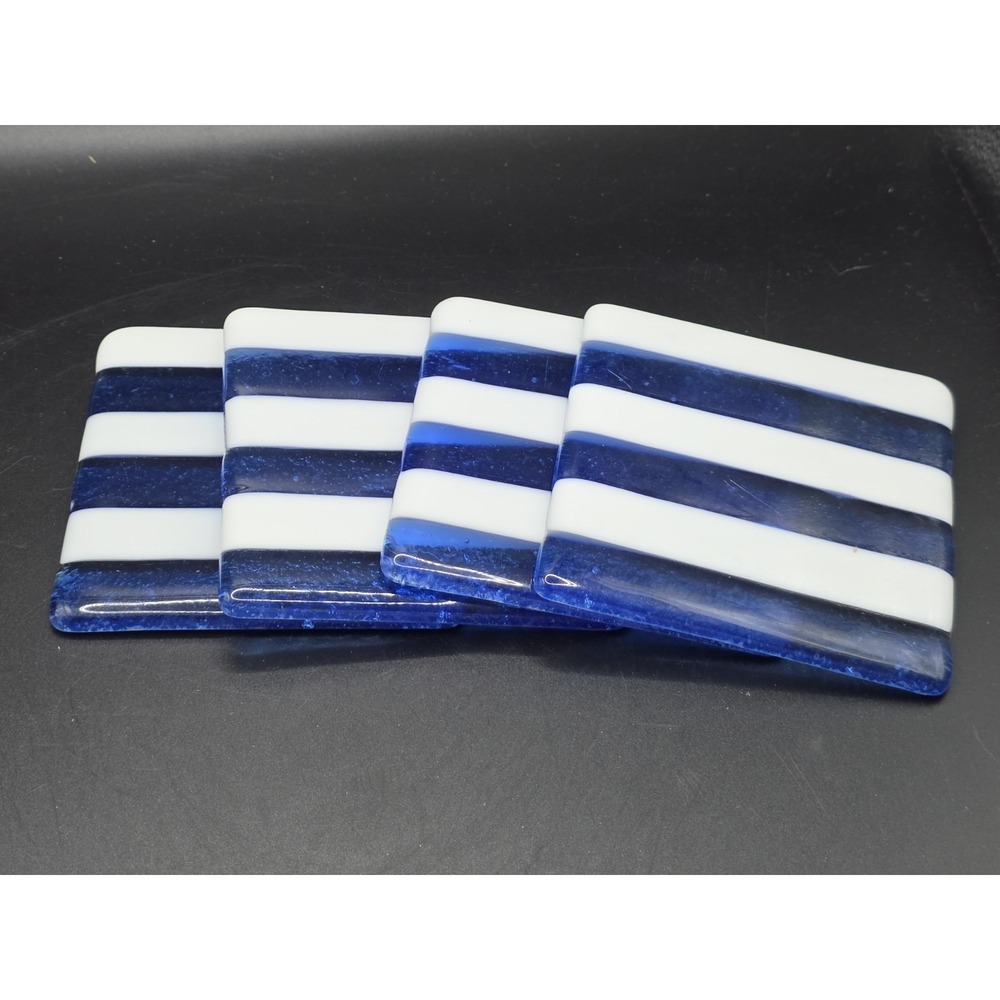 set of blue and white striped fused glass coasters
